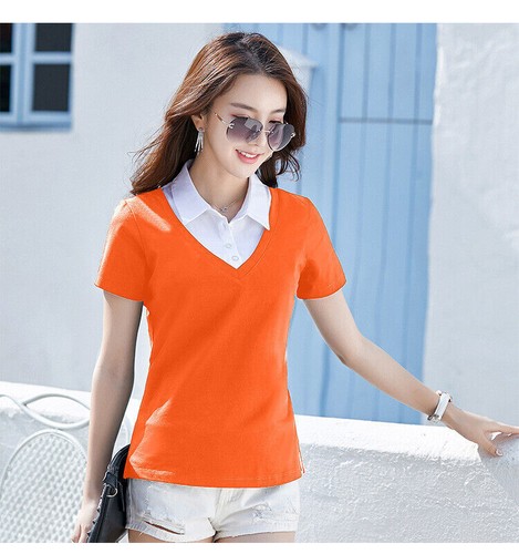 Damen 2 in 1 T-Shirt Kragen Kurzarm Oberteil mit Knopf Freizeit Slim Bluse - Bild 9 von 22