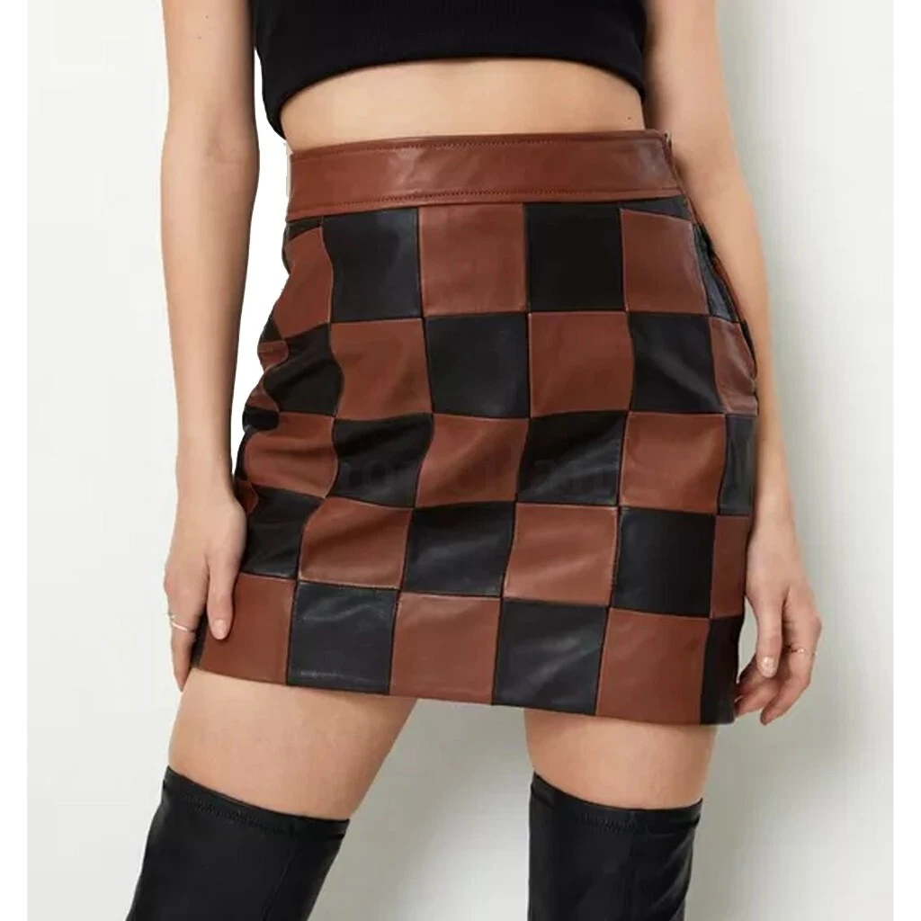 Black Brown Checks Design Women Mini Leather Skirt Party Casual