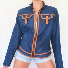 Forenza Blue Zip Up Denim Leather Structured Jacket Size 12