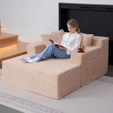 NAIZEA Cloud Corduroy Sectional Sofa Couch Bed Chaise Lounge Chair 61x47.2" Pink