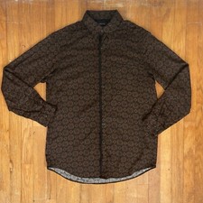 Vintage Mens Geometric Print Shirt Size Medium 1990s Rayon Collared Button Down