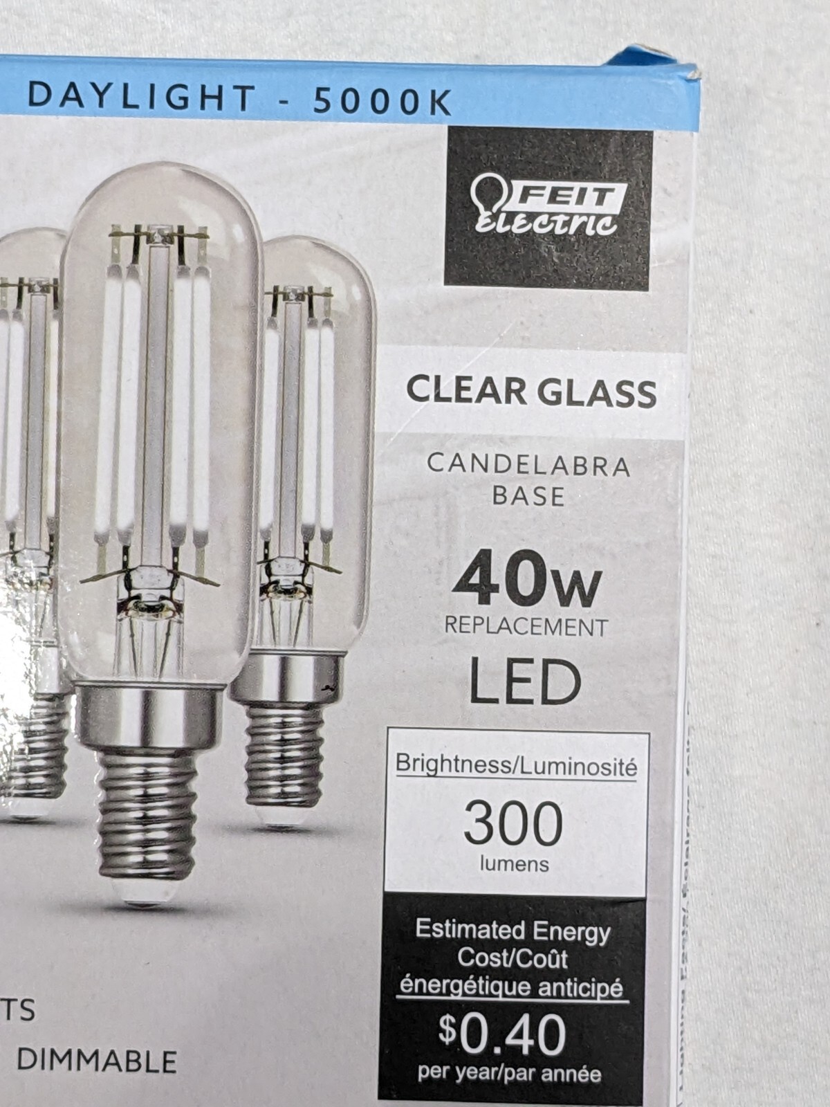Feit Electric T6 Bulbs Candelabra Base LED 40 W Daylight 5000K Dimmable 3 pack