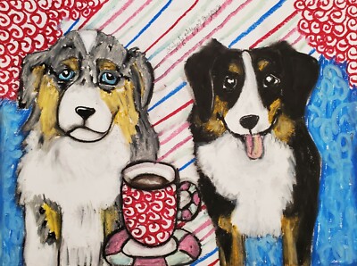 Miniature American Shepherd Drinking Coffee 8.5 x 11 Dog Art Print Artist KSAMS
