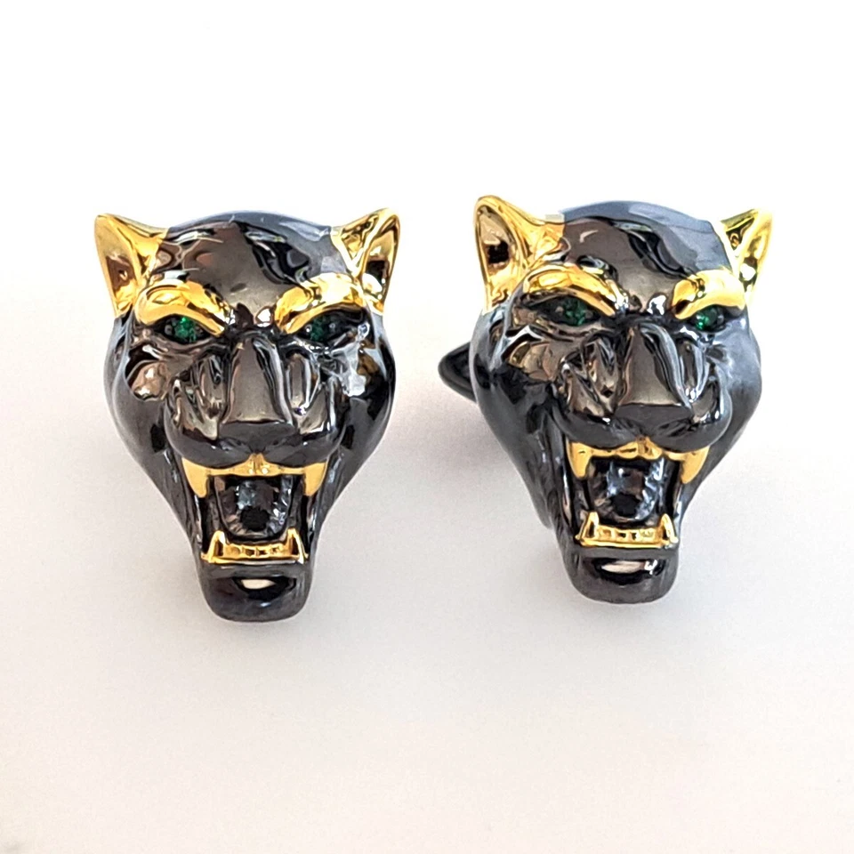 Abotoaduras de cabeça de pantera folheadas a ouro e preto prata esterlina olhos verdes - Imagem 2 de 4