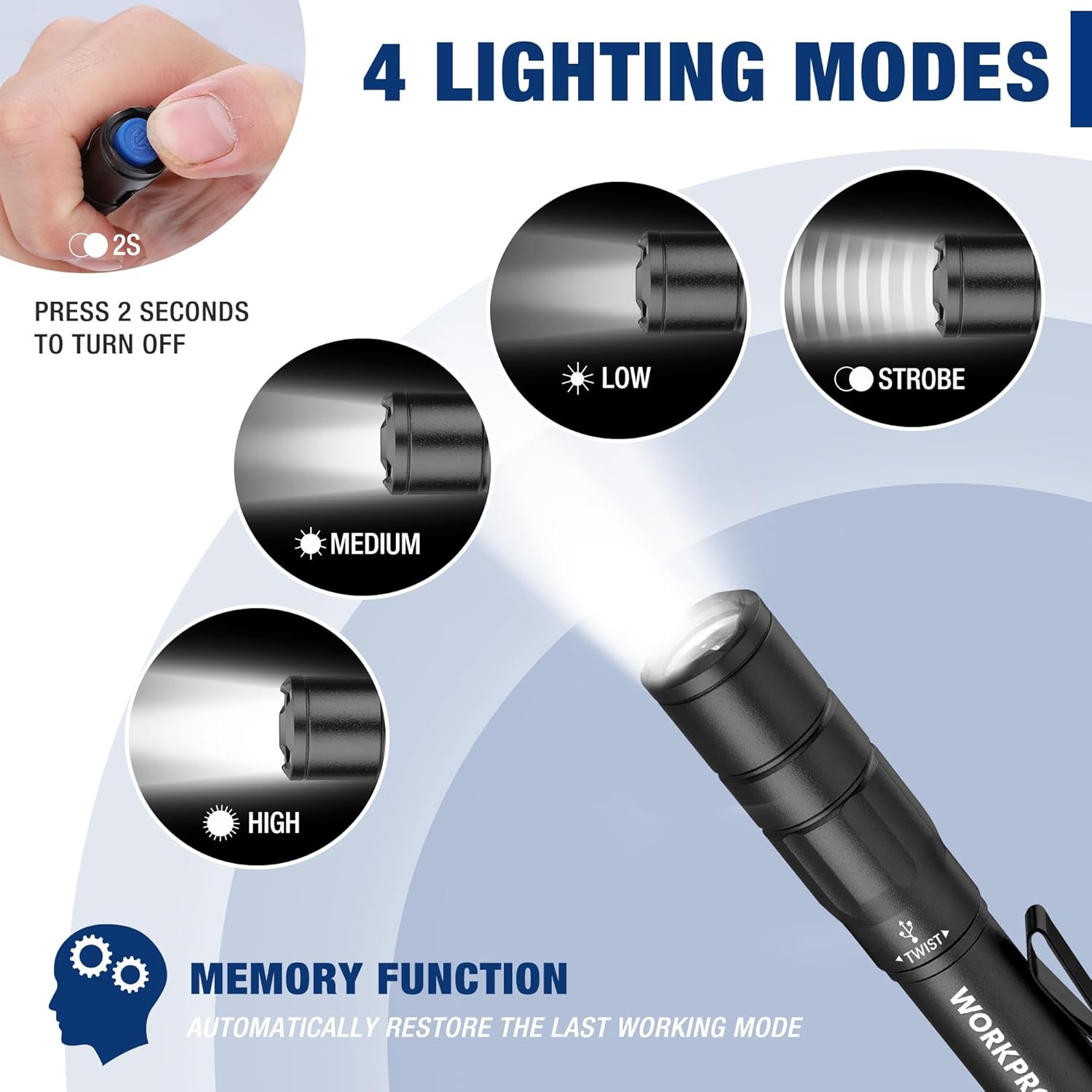 WORKPRO Rechargeable Pen Light, Mini Flashlight, 2 Pack Ultra-Compact Black 