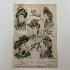 Antique engraving French Fashion Journal des Demoiselles –  Hats & Hairstyles 