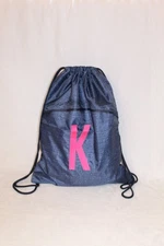 Thirty-One Cinch Sack (Blue Crosshatch with Pink K)with zipper pocket Brand New 