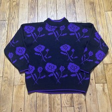 Vintage Private Eyes Purple Rose Floral Knit Sweater Mock Neck Black Made in USA
