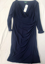 Ralph Lauren Navy Blue Dress Green Label Size 12 NEW Ruched 1 side V-Neck Drape