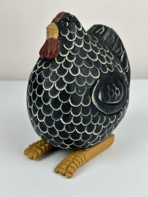 Chicken Hen Carved Figure 6'' Black Blue Painted Feathers Nick Nack
