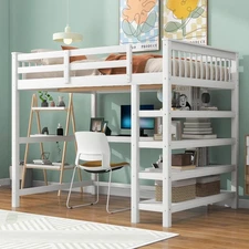 Full Size Loft Bed w/Storage Shelves and Under-bed Desk，White