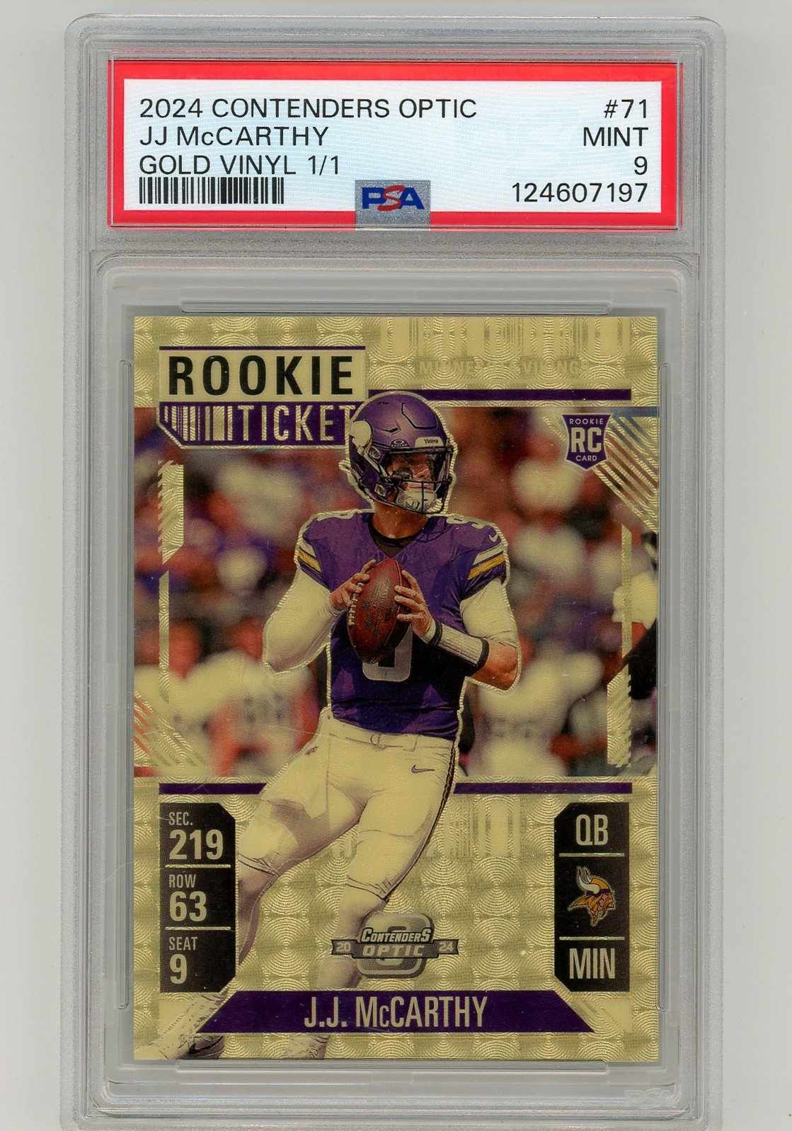 2024 Panini Contenders Optic JJ McCarthy #71 RC Rookie GOLD VINYL 1/1 PSA 9 MINT