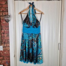 Lynne UK 8 Blue Paisley Halter Midi Dress Y2K Boho Festival