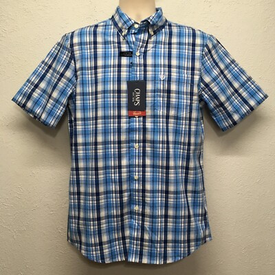 Chaps Button Down Shirt Mens S Blue Plaid Short Sleeve Stretch Easy Care