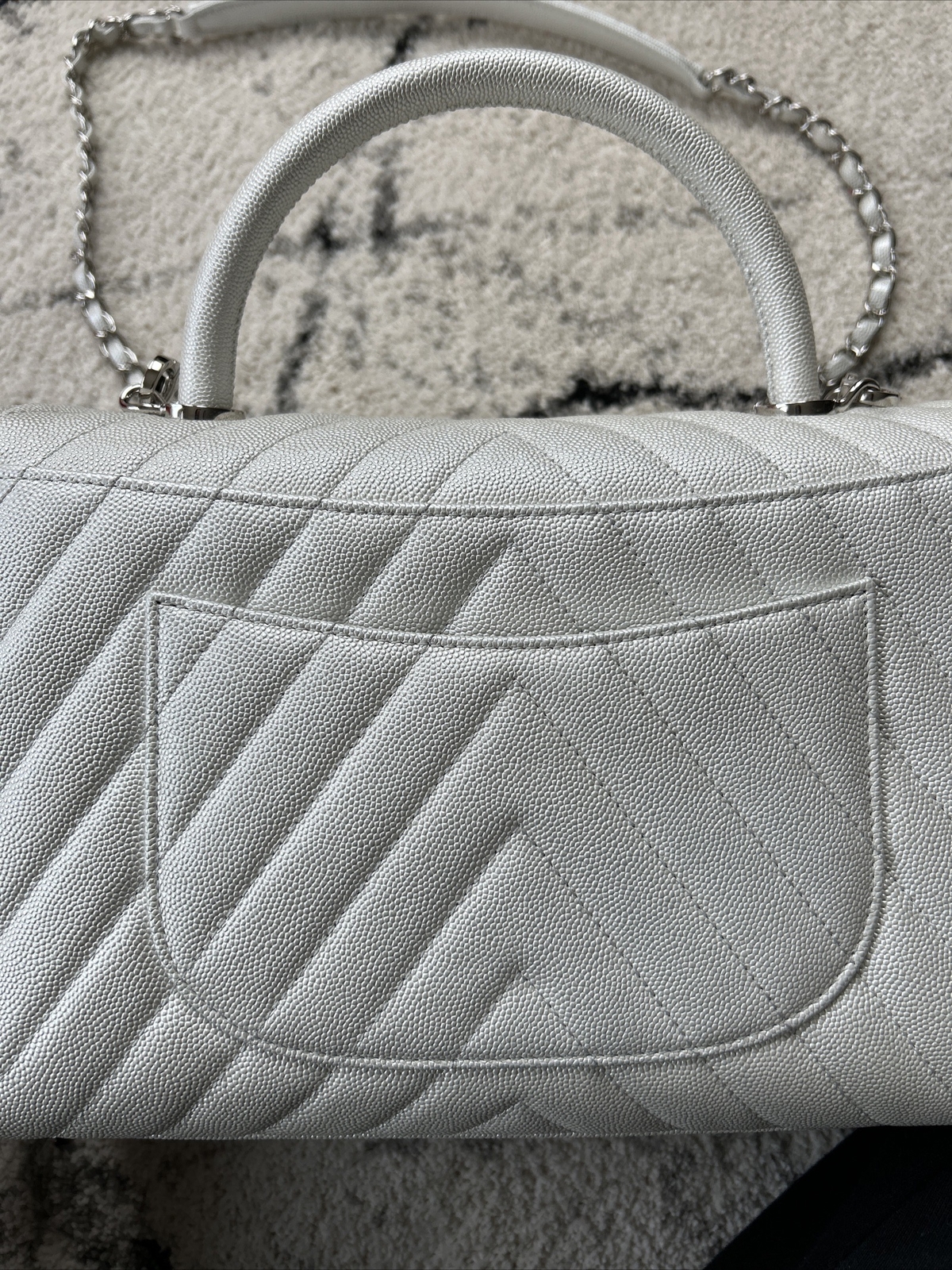 Genuine Coco Chanel Handle Bag In White Iridescent Caviar Leather image 6