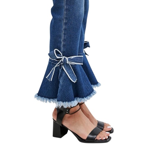 Aktuelle Air Jeans mit Rüschen & Schleifensaum und ausgefransten Details blau Größe M - Bild 2 von 9