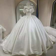 Satin Elegant Wedding Dresses Off Shoulder Sweep Train Lace Applique Bridal Gown