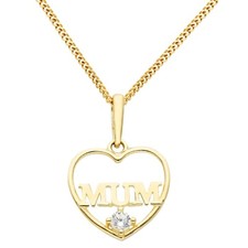 9ct Yellow Gold Diamond MUM Heart Pendant Necklace + 18" Solid Gold Chain