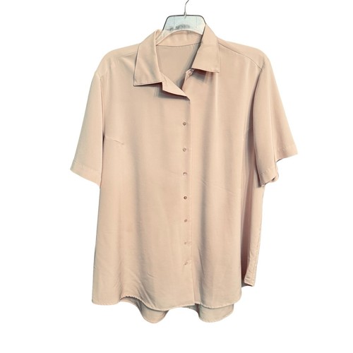 Classic Button-Up Short Sleeve Luxe Blouse Bust 55" Beige Career OfficeCore - Picture 3 of 12