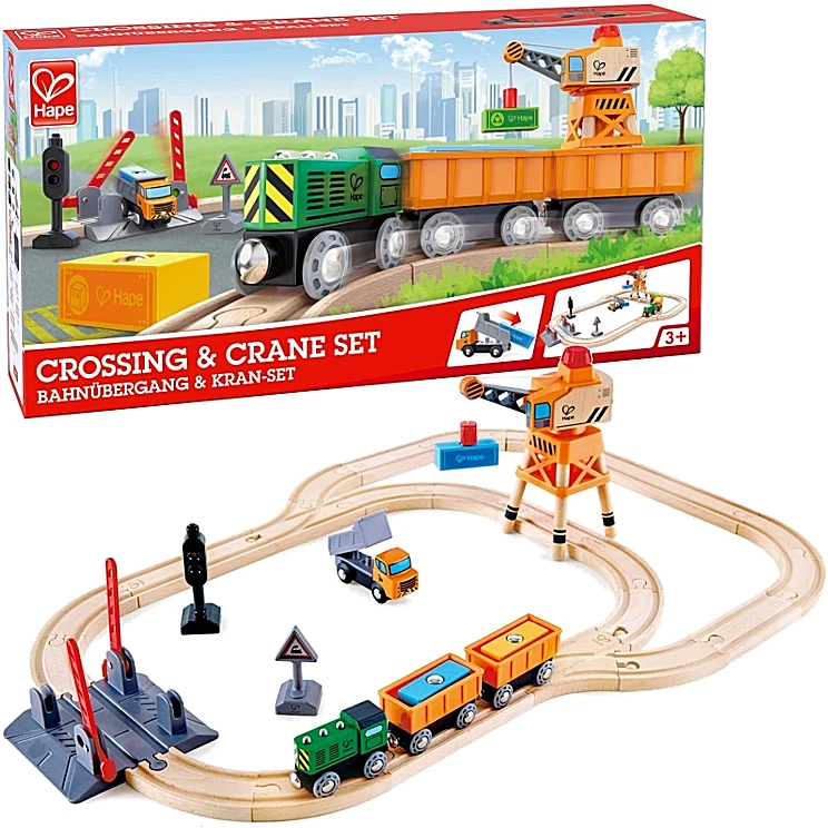 Hape Crossing Crane Set Wooden Train Railway Track Play Set New