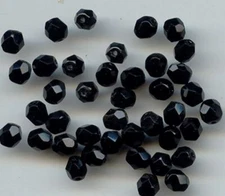 36 VINTAGE JET BLACK GLASS 6mm. ROUND FACETED FIRE POLISHED BEADS 37