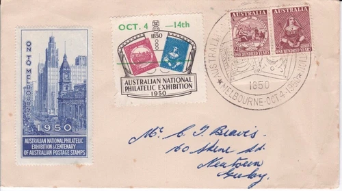 AFD5286) Australia 1950 2½d Stamp Centenary pair on cover with 2 x ANPEX labels