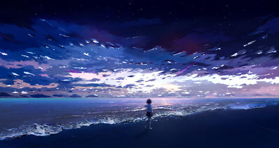 Anime girls sky clouds sea short hair school uniform Playmat Game Mat Desk