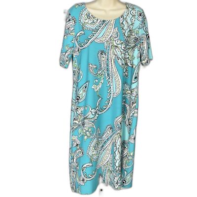 Chicos Teal Crew Neck Paisly Coastal Preppy Tunic Dress Size 1 ( M / 8 )