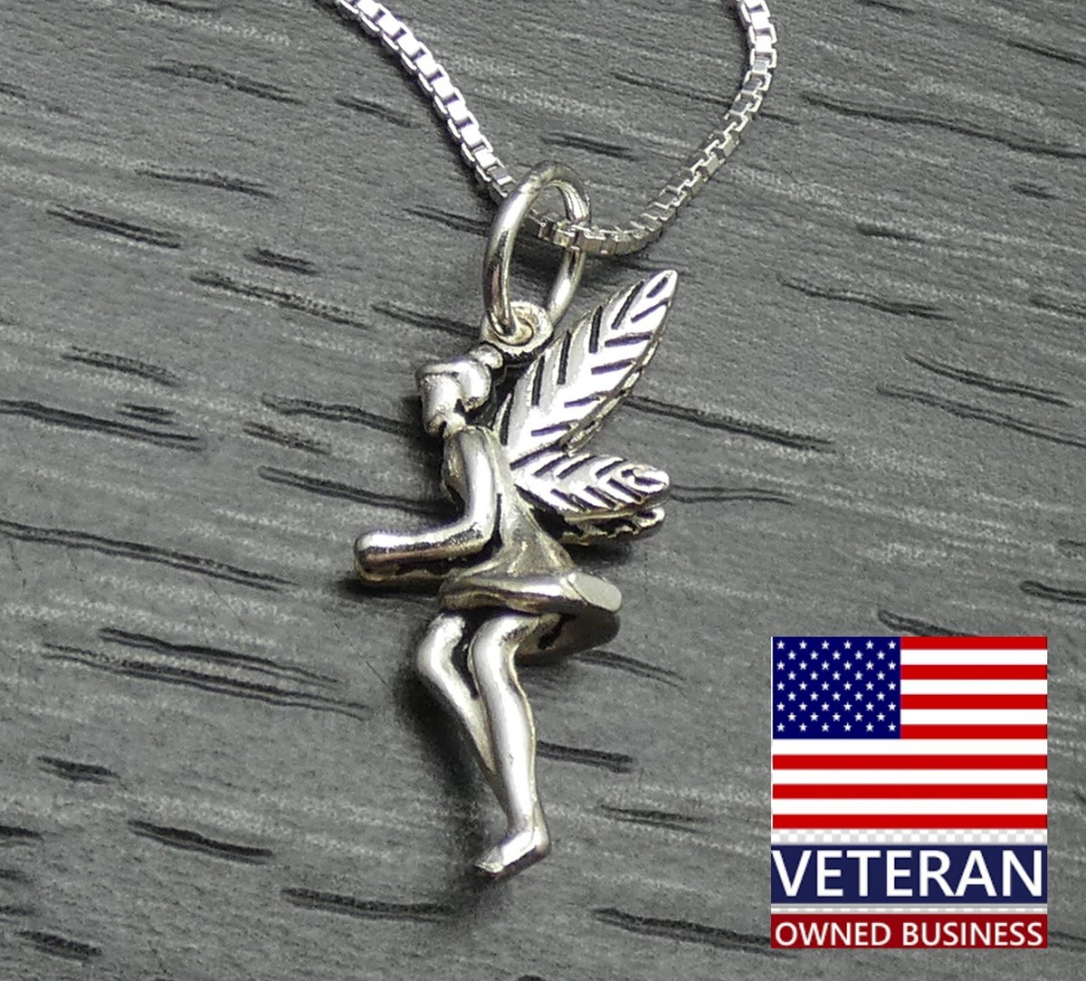 Sterling Silver 3D Tinker Bell Fairy Charm Box Chain Necklace 19 inches