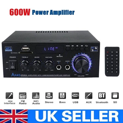 600W bluetooth Stereo Amplifier Amp HIFI Audio Radio 2CH USB AUX FM Car Home UK - Image 1 of 4