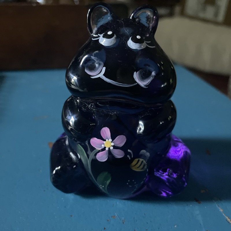 Smiling Fenton Rosemilk Violet Hand Painted House Hippo.  Signed J Powell