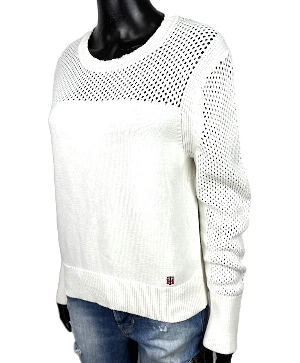 Tommy Hilfiger Maglione Donna L Bianco Cotone Traforato Girocollo Logo TH