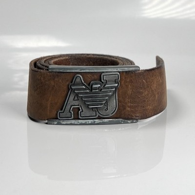Vintage Armani Jeans AJ Brown Leather Belt Italy Logo Buckle Distressed