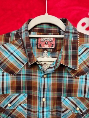 Rock Roll Cowboy Panhandle Slim Mens Medium Plaid Western Snap Shirt Embroidered