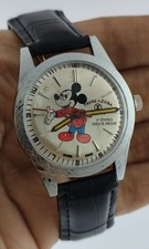 Beautiful Favre Leuba Mickey Mouse Silver Dial 17J Men Wristwatch Leather Band