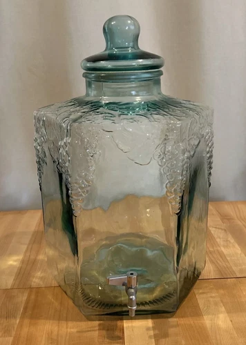 Vintage Italian Green Tint Glass 3D Grape 5 Gallon Hexagon Beverage Dispenser