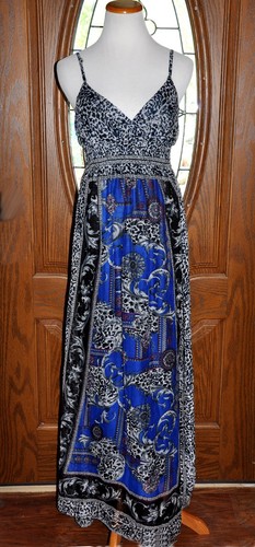 She's Cool Gray Blue & White Spaghetti Strap Boho Style Maxi Dress