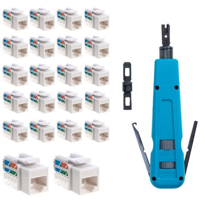 110 & 66 Punch Down Impact Tool With 20 pcs CAT5e Keystone Jack White 45 Degree
