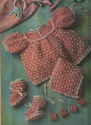 DOTTED SWISS BABY SET DRESS HAT BOOTIES DIGEST SIZE CROCHET PATTERN INSTRUCTIONS