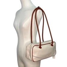 Cluci White & Brown Long Straps & Zipper Closure Shoulder Tote Bag Sz M