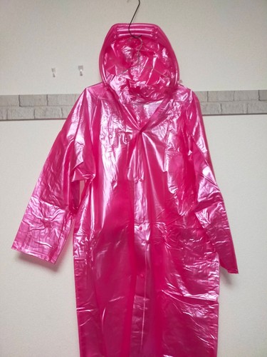pearl shiny pink color longcoat PVC vinyl rainwear hooded jacket air valve - Picture 5 of 22