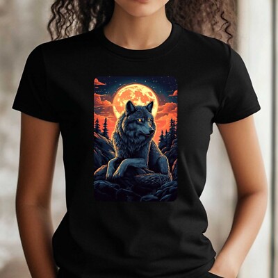 Women's Wolf and Full Moon Motif Cotton T-Shirt Size S to 3XL
