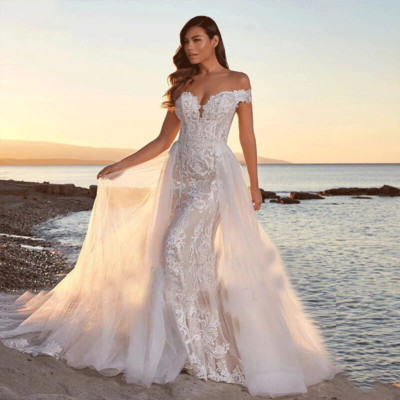 Mermaid Wedding Dresses Detachable Train Sleeveless Embroidered Lace Bride Gowns