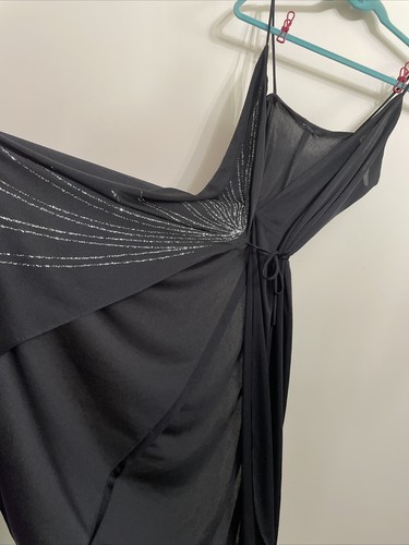 Black Wrap Dress Silver Starburst Sleeveless V-Neck Kimono Wrap Womens small - Picture 9 of 15