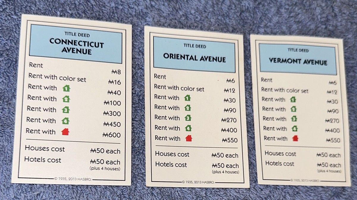 2013 Hasbro Monopoly Replacement Piece 3 Lt. Blue Property Cards