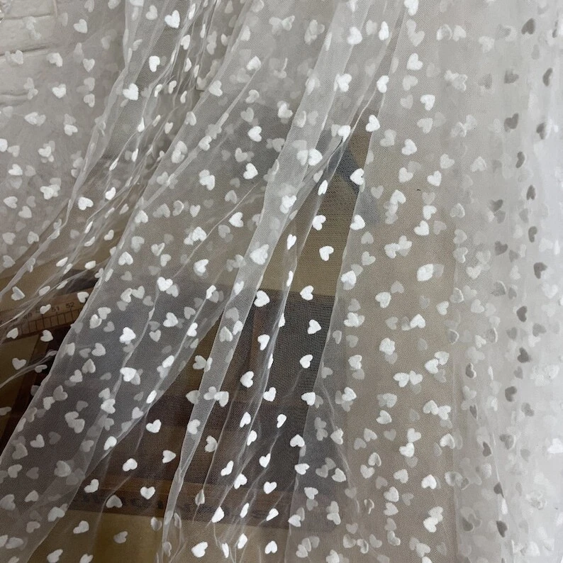 OFF WHITE Tessuto di pizzo a pois in tulle bianco sporco cuore floccato pizzo per veli abiti