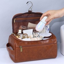 Travel Toiletry Bag Retro Pu Leather Cosmetic Bags Hook Portable Makeup Bag