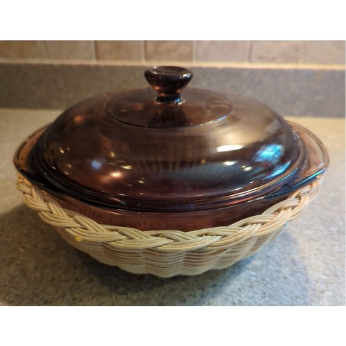 VTG PYREX FIRESIDE NATURALS 1.5 Qt Covered Casserole w/Rattan Basket 6230-F NOS - Picture 3 of 11