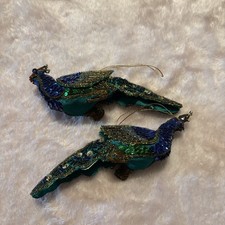 Set 2 Peacock Bird Sequin Beaded Christmas Ornaments Blue Green Gold