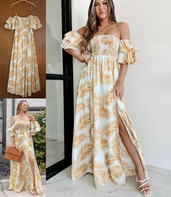 Tropical Palm Print Off Shoulder Flutter Sleeve Sexy Maxi Dress S M? Vacay AaKaa